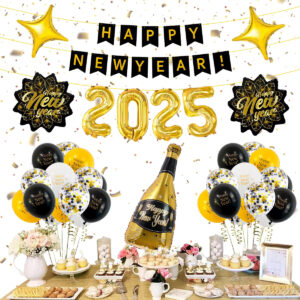 2025 balloon new year balloon set, happy new year banner, wine glass, new year leaf balloons for new year party decoration