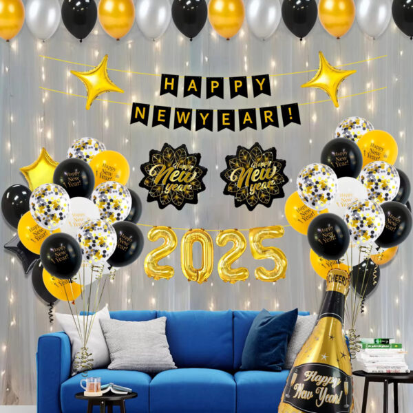 2025 balloon new year balloon set, happy new year banner, wine glass, new year leaf balloons for new year party decoration - Image 3