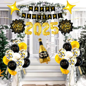 2025 balloon new year balloon set, happy new year banner, wine glass, new year leaf balloons for new year party decoration