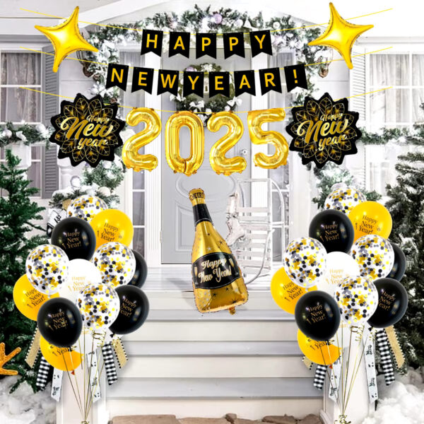 2025 balloon new year balloon set, happy new year banner, wine glass, new year leaf balloons for new year party decoration - Image 4