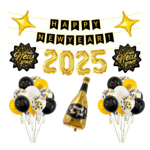 2025 balloon new year balloon set, happy new year banner, wine glass, new year leaf balloons for new year party decoration