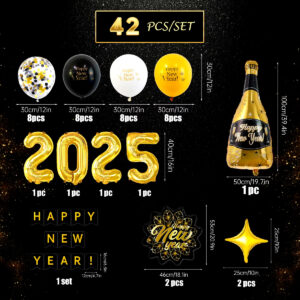 2025 balloon new year balloon set, happy new year banner, wine glass, new year leaf balloons for new year party decoration
