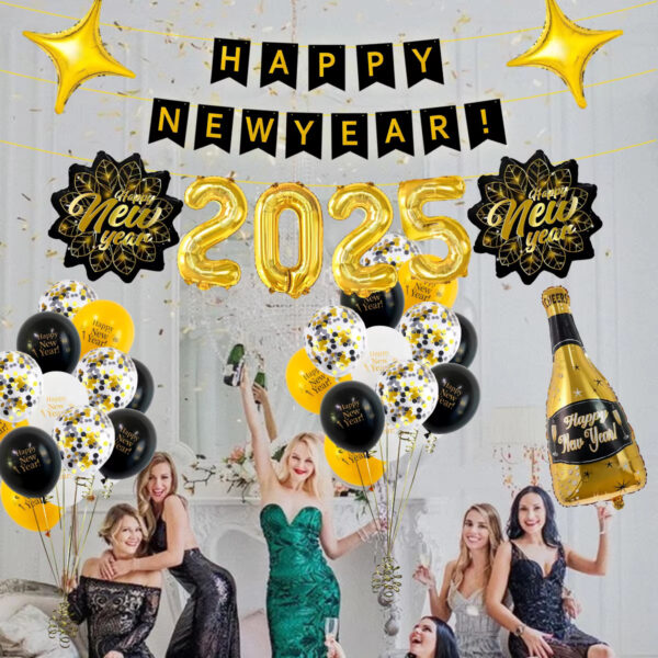 2025 balloon new year balloon set, happy new year banner, wine glass, new year leaf balloons for new year party decoration - Image 7
